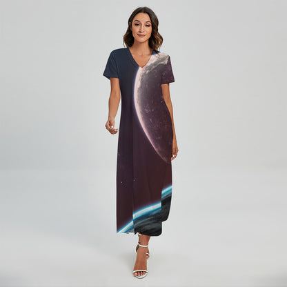 Cosmic Space Print Short Sleeve Maxi Dress