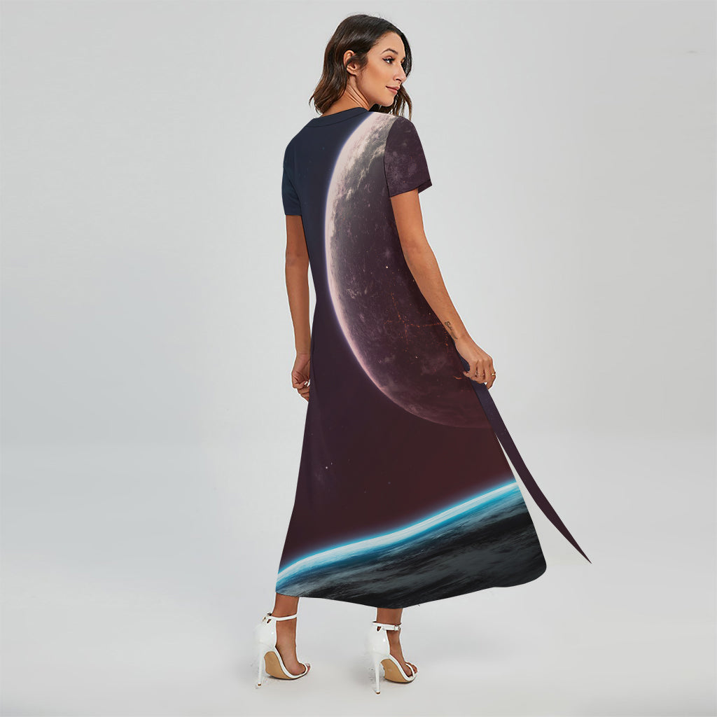 Cosmic Space Print Short Sleeve Maxi Dress