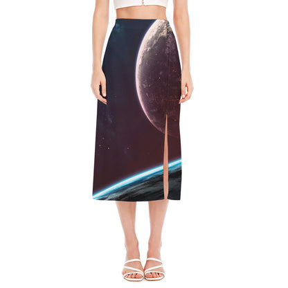 Cosmic Space Print Side Slit Midi Skirt