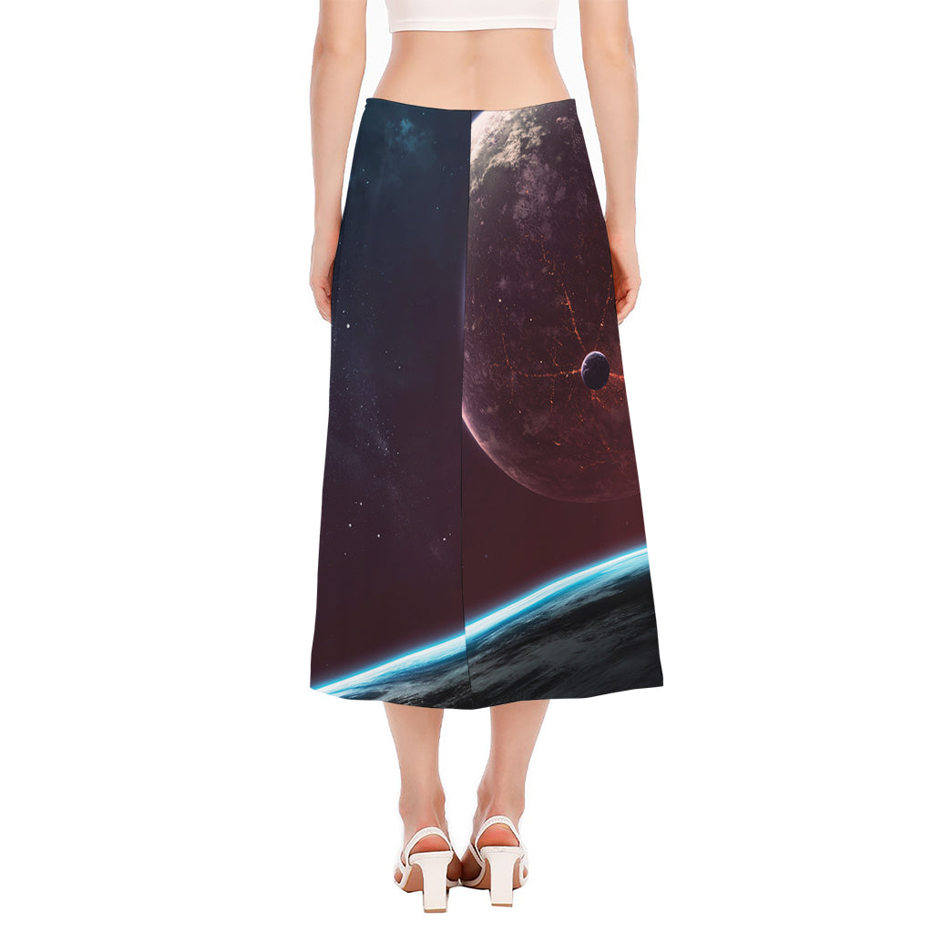 Cosmic Space Print Side Slit Midi Skirt