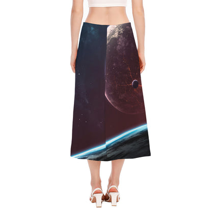 Cosmic Space Print Side Slit Midi Skirt