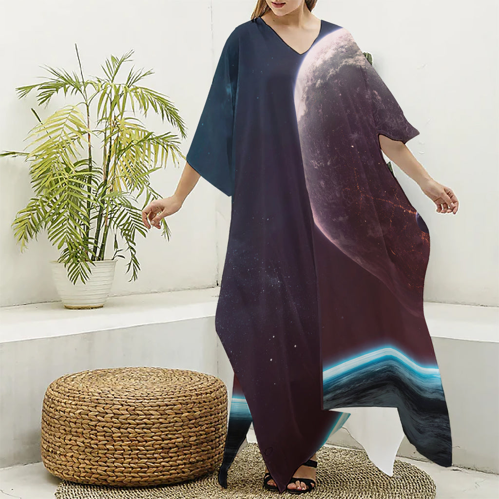 Cosmic Space Print Silk V-Neck Kaftan Dress