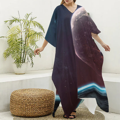 Cosmic Space Print Silk V-Neck Kaftan Dress