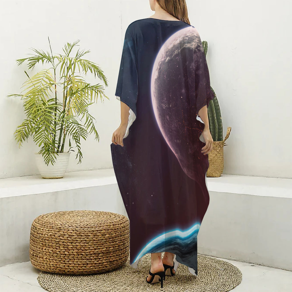 Cosmic Space Print Silk V-Neck Kaftan Dress