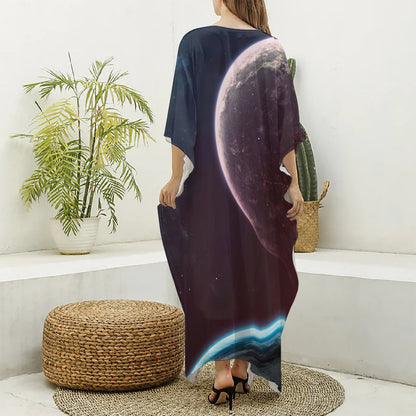 Cosmic Space Print Silk V-Neck Kaftan Dress
