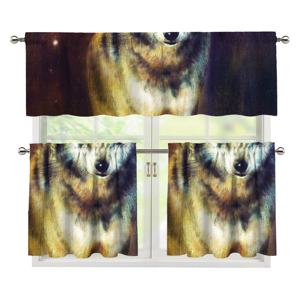 Cosmic Wolf Portrait Print 3 Piece Kitchen Curtains