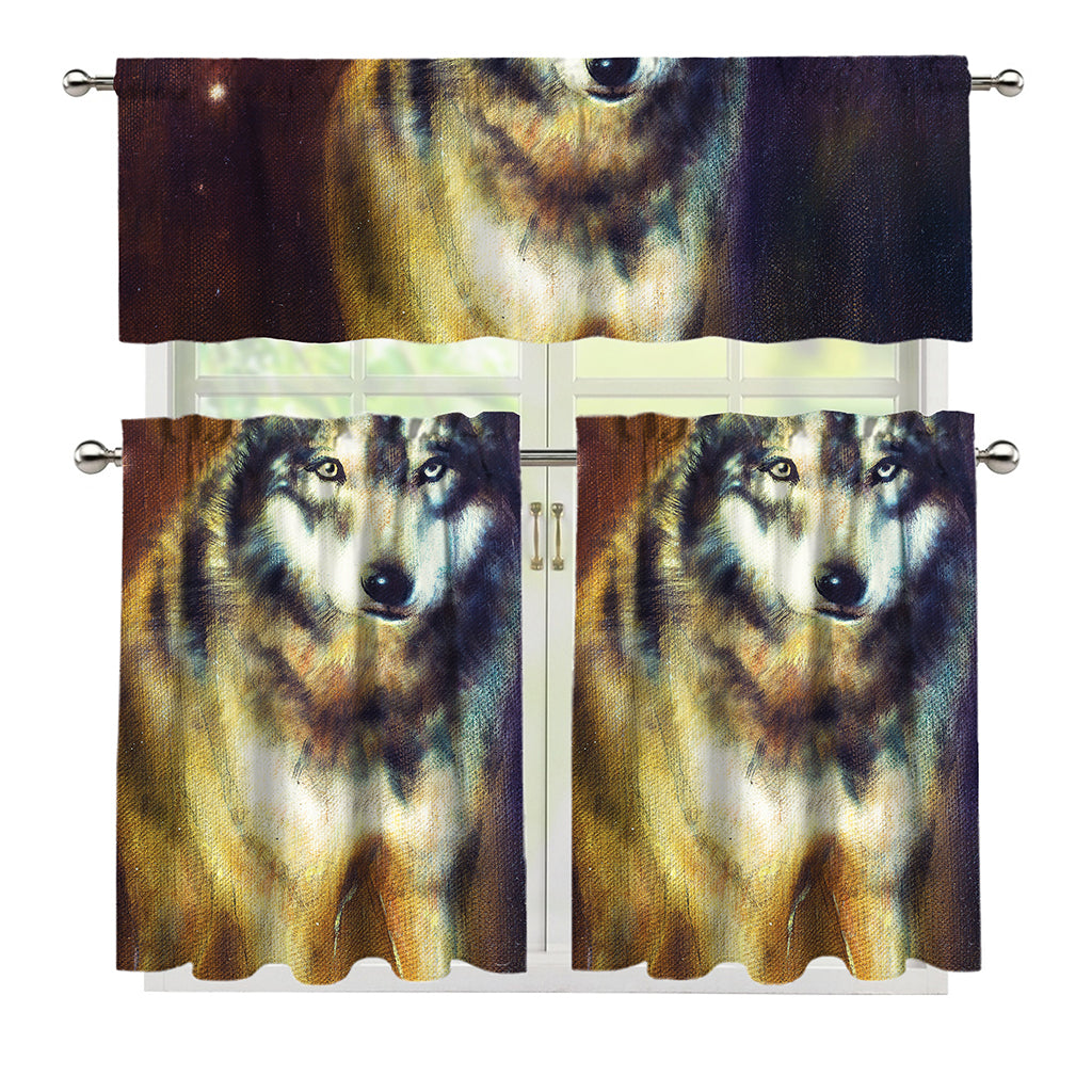 Cosmic Wolf Portrait Print 3 Piece Kitchen Curtains