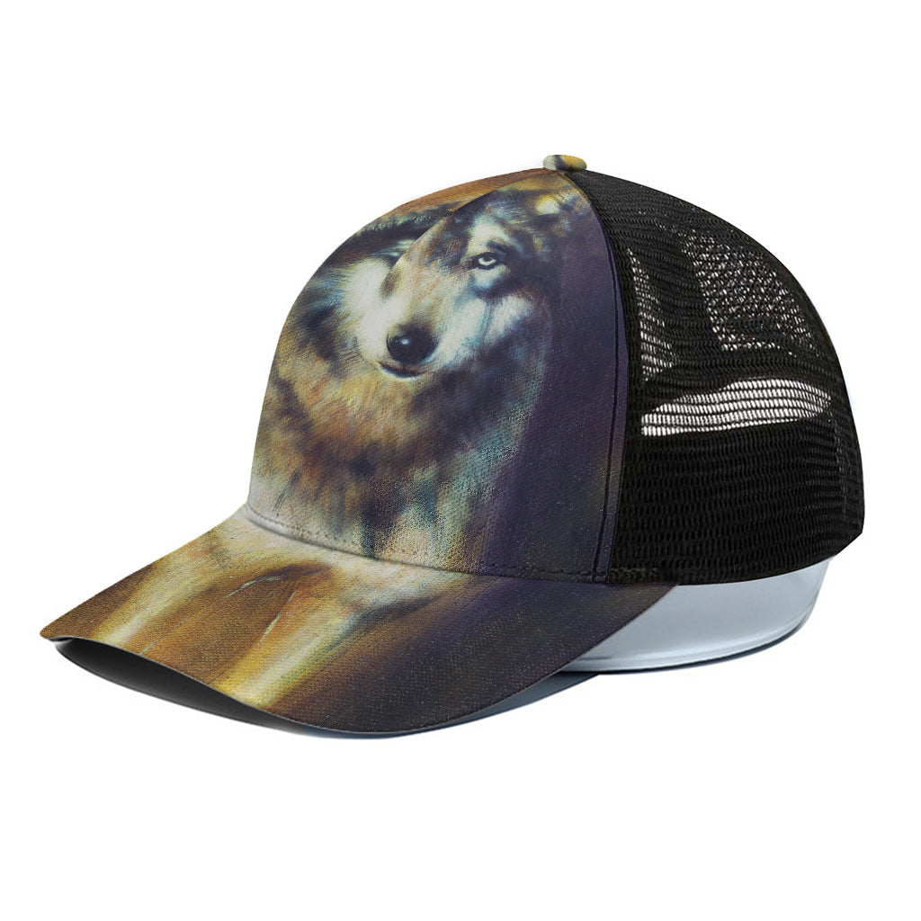 Cosmic Wolf Portrait Print Black Mesh Trucker Cap