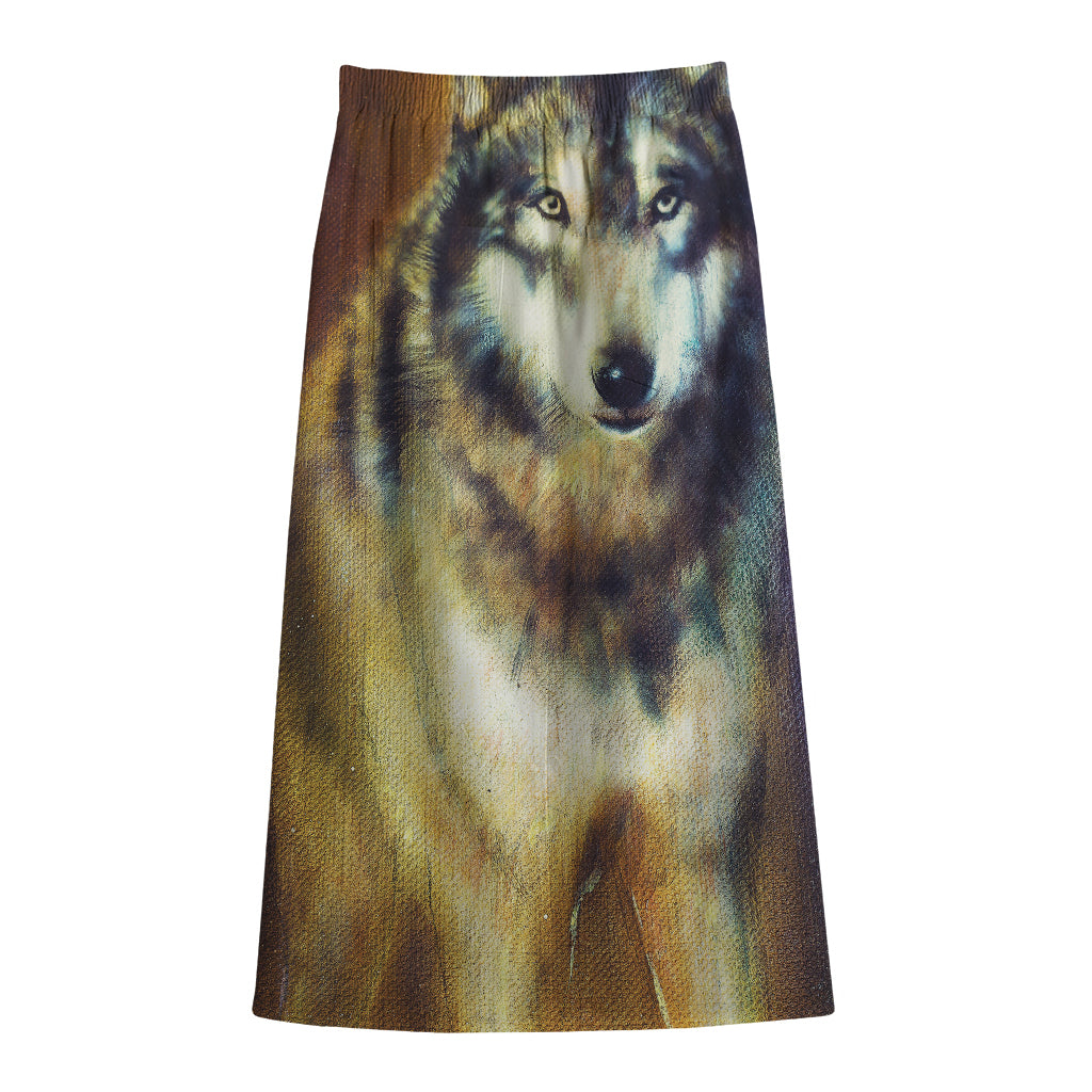 Cosmic Wolf Portrait Print Cotton Front Slit Maxi Skirt