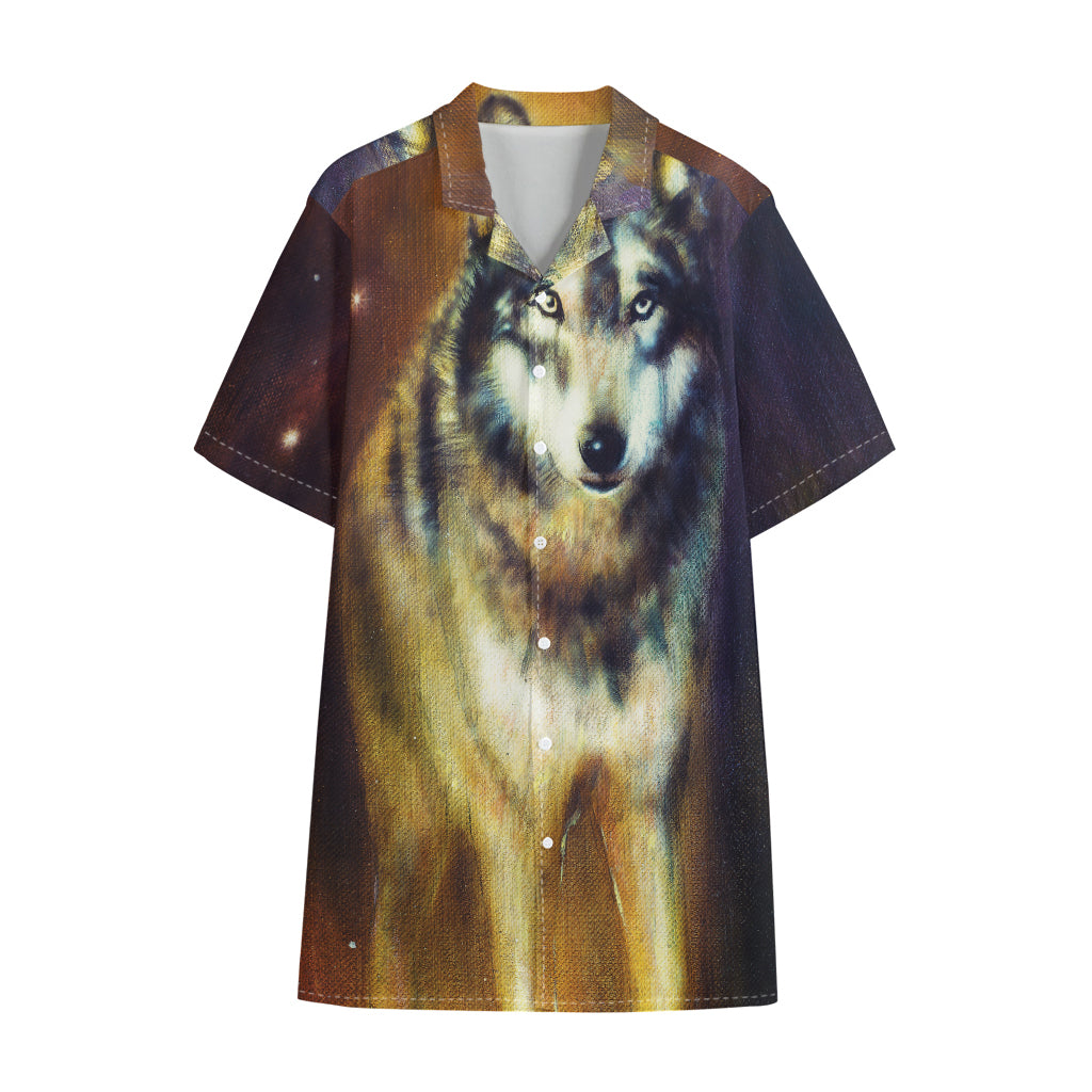 Cosmic Wolf Portrait Print Cotton Hawaiian Shirt