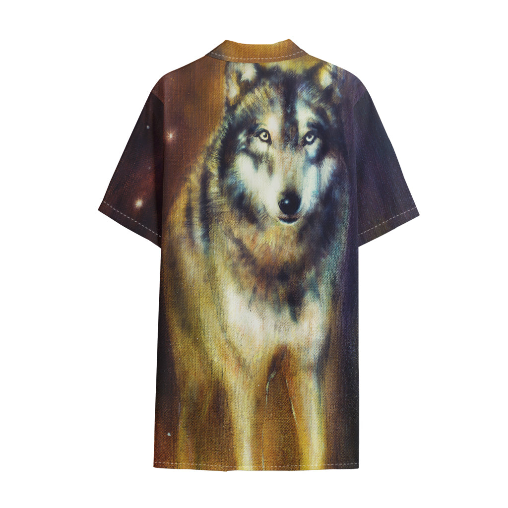Cosmic Wolf Portrait Print Cotton Hawaiian Shirt