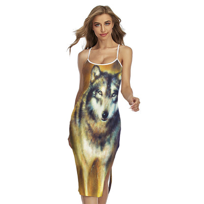 Cosmic Wolf Portrait Print Cross Back Cami Dress