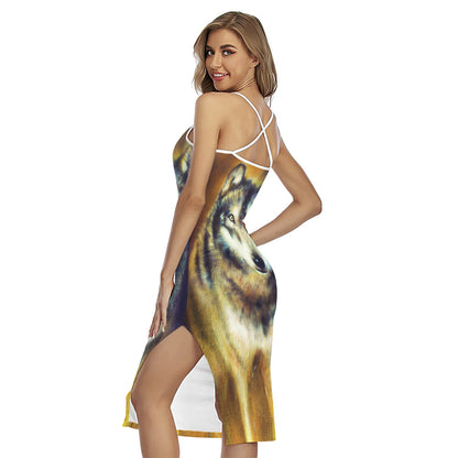 Cosmic Wolf Portrait Print Cross Back Cami Dress