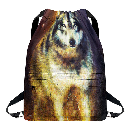 Cosmic Wolf Portrait Print Drawstring Backpack