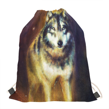Cosmic Wolf Portrait Print Drawstring Bag