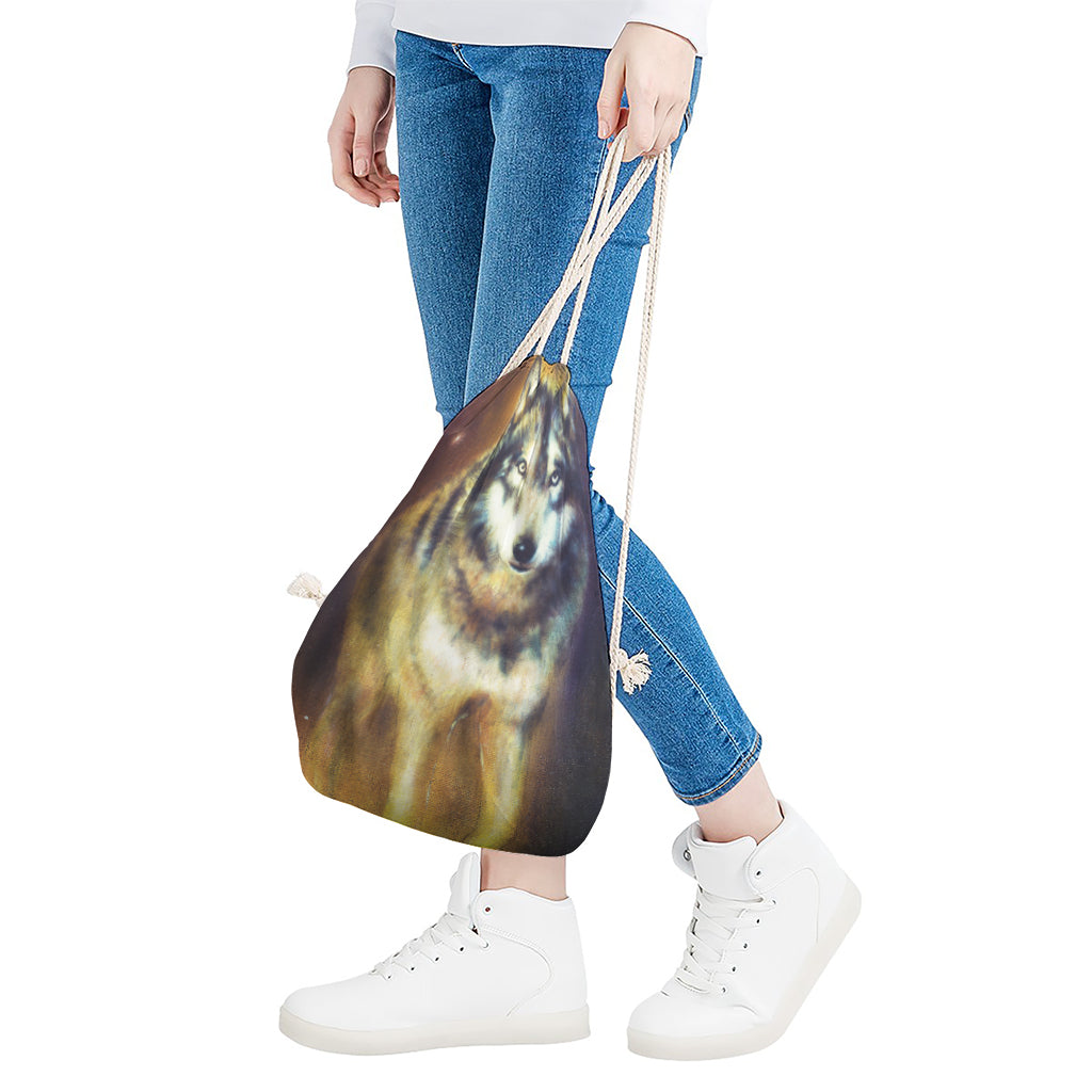 Cosmic Wolf Portrait Print Drawstring Bag