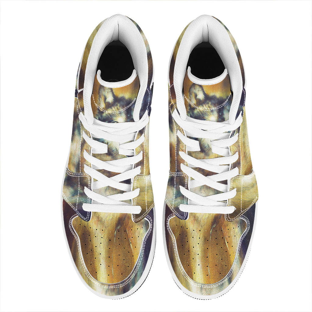 Cosmic Wolf Portrait Print High Top Leather Sneakers