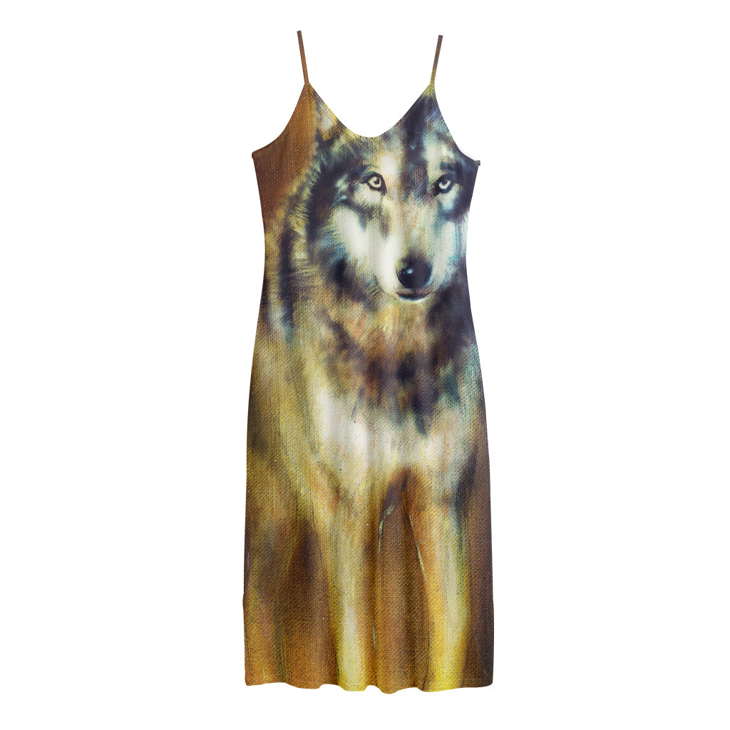 Cosmic Wolf Portrait Print Jersey Midi Cami Dress