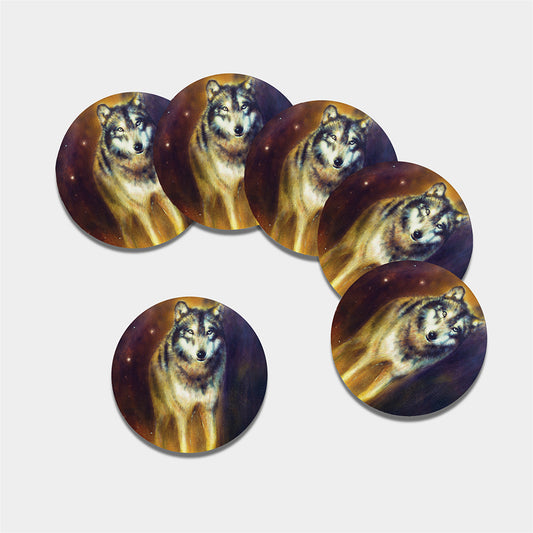 Cosmic Wolf Portrait Print Leather Coaster Set