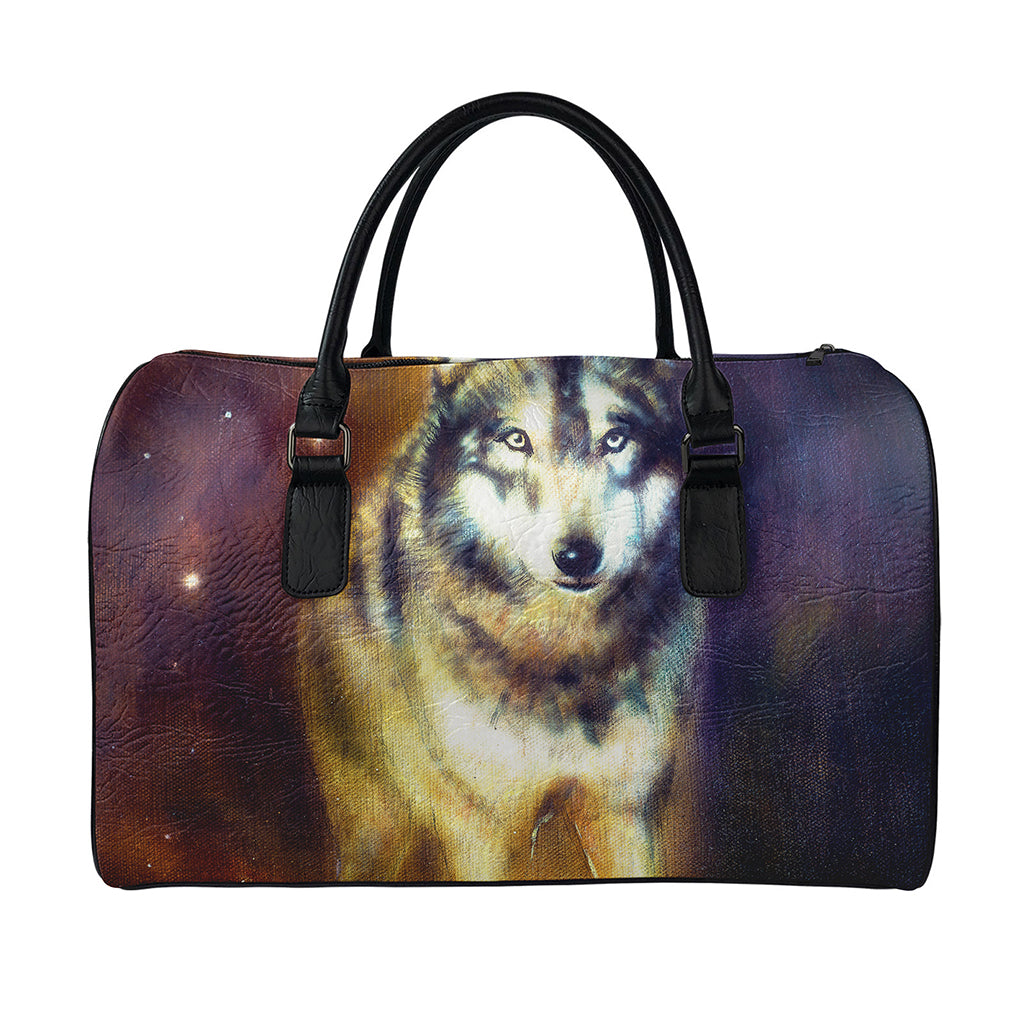 Cosmic Wolf Portrait Print Leather Duffle Bag