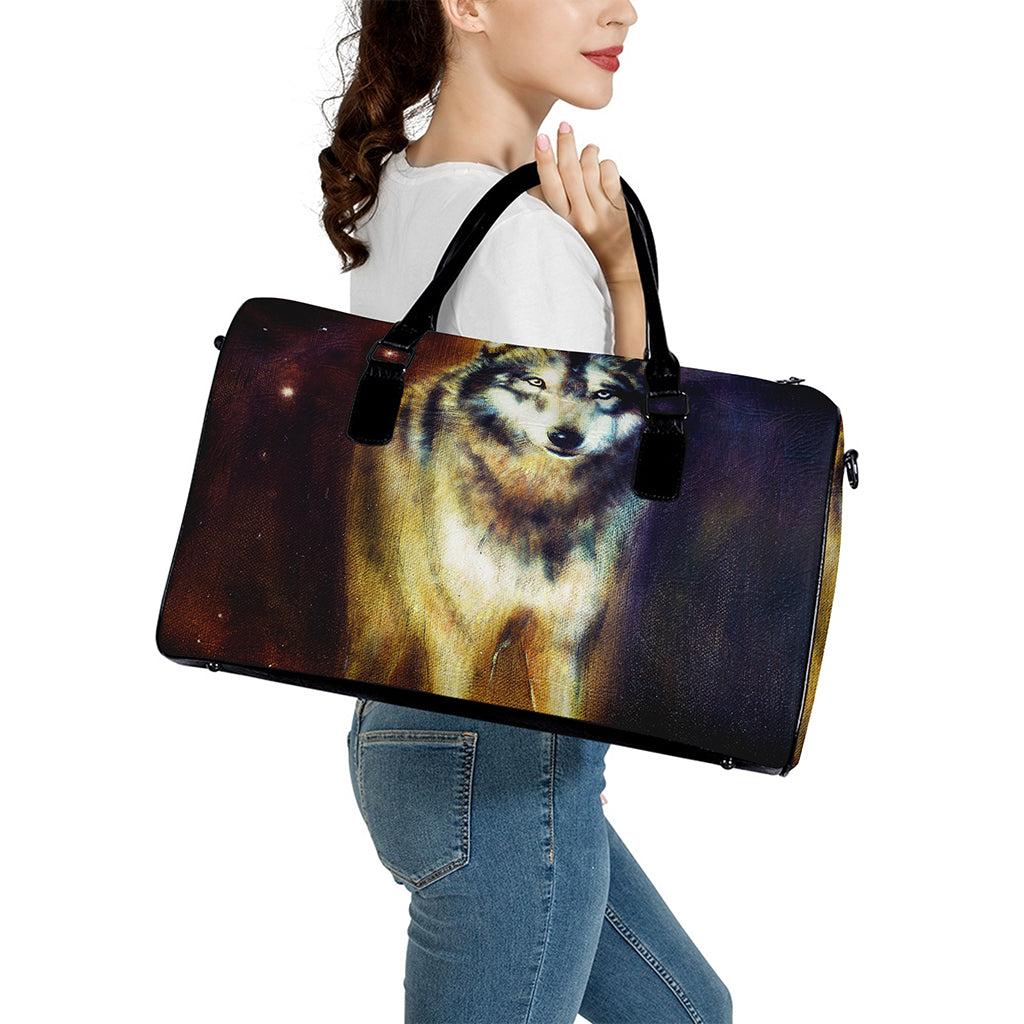 Cosmic Wolf Portrait Print Leather Duffle Bag