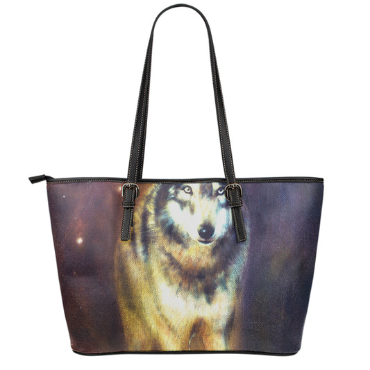 Cosmic Wolf Portrait Print Leather Tote Bag