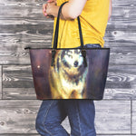 Cosmic Wolf Portrait Print Leather Tote Bag