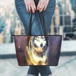 Cosmic Wolf Portrait Print Leather Tote Bag
