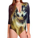 Cosmic Wolf Portrait Print Long Sleeve Swimsuit