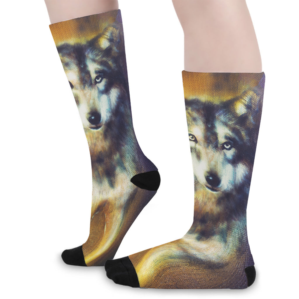 Cosmic Wolf Portrait Print Long Socks