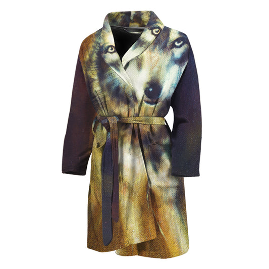Cosmic Wolf Portrait Print Men's Bathrobe