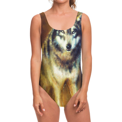 Cosmic Wolf Portrait Print One Piece Swimsuit
