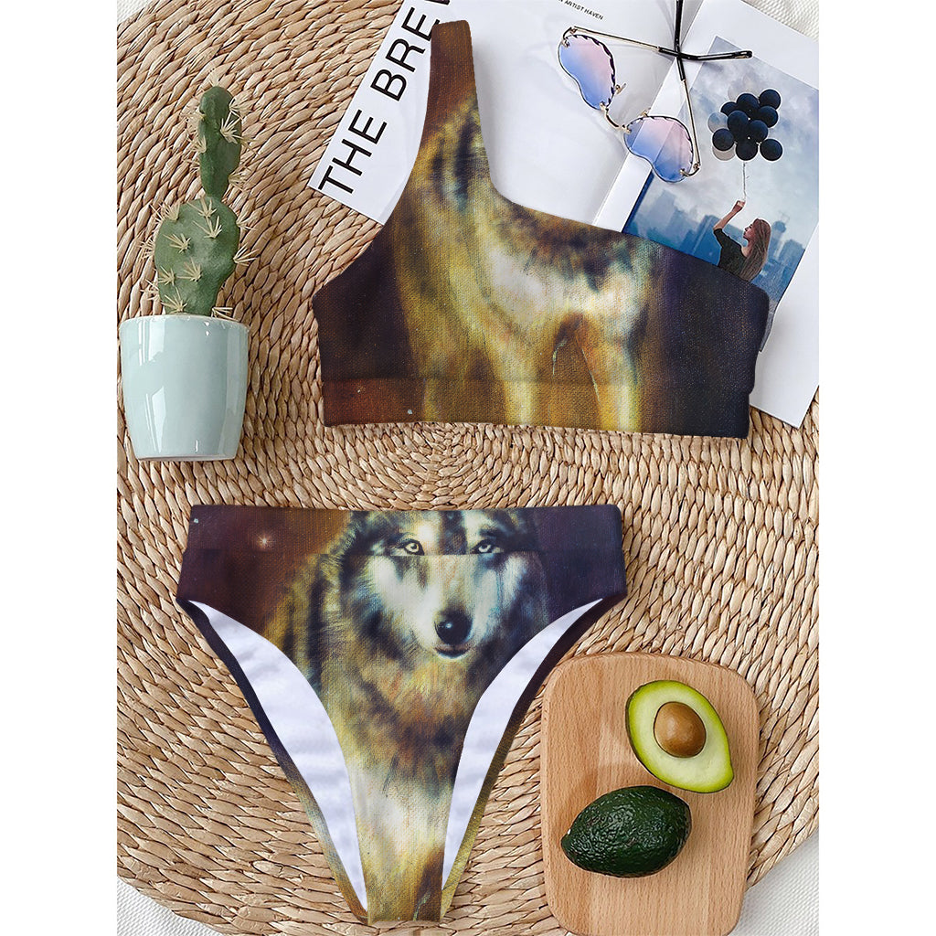 Cosmic Wolf Portrait Print One Shoulder Bikini Top