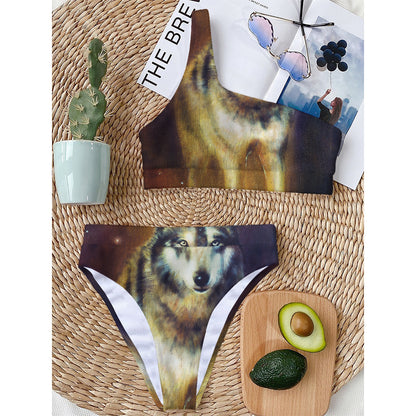Cosmic Wolf Portrait Print One Shoulder Bikini Top