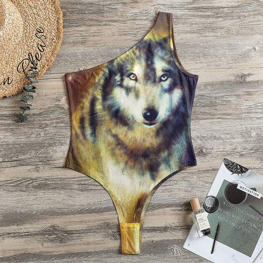 Cosmic Wolf Portrait Print One Shoulder Bodysuit