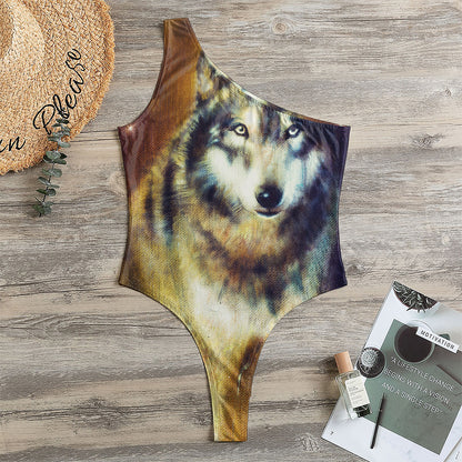 Cosmic Wolf Portrait Print One Shoulder Bodysuit