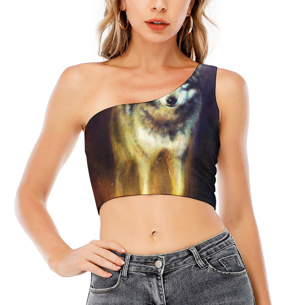 Cosmic Wolf Portrait Print One Shoulder Crop Top