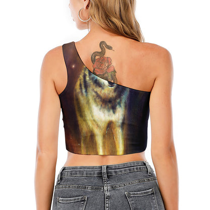Cosmic Wolf Portrait Print One Shoulder Crop Top