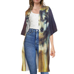 Cosmic Wolf Portrait Print Open Front Beach Cover Up