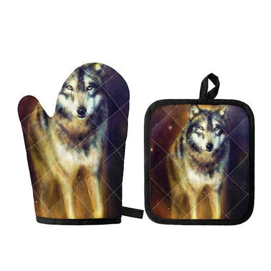 Cosmic Wolf Portrait Print Oven Mitt And Pot Holder Set
