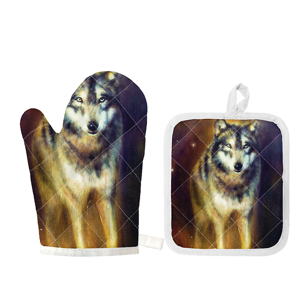 Cosmic Wolf Portrait Print Oven Mitt And Pot Holder Set