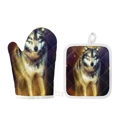 Cosmic Wolf Portrait Print Oven Mitt And Pot Holder Set