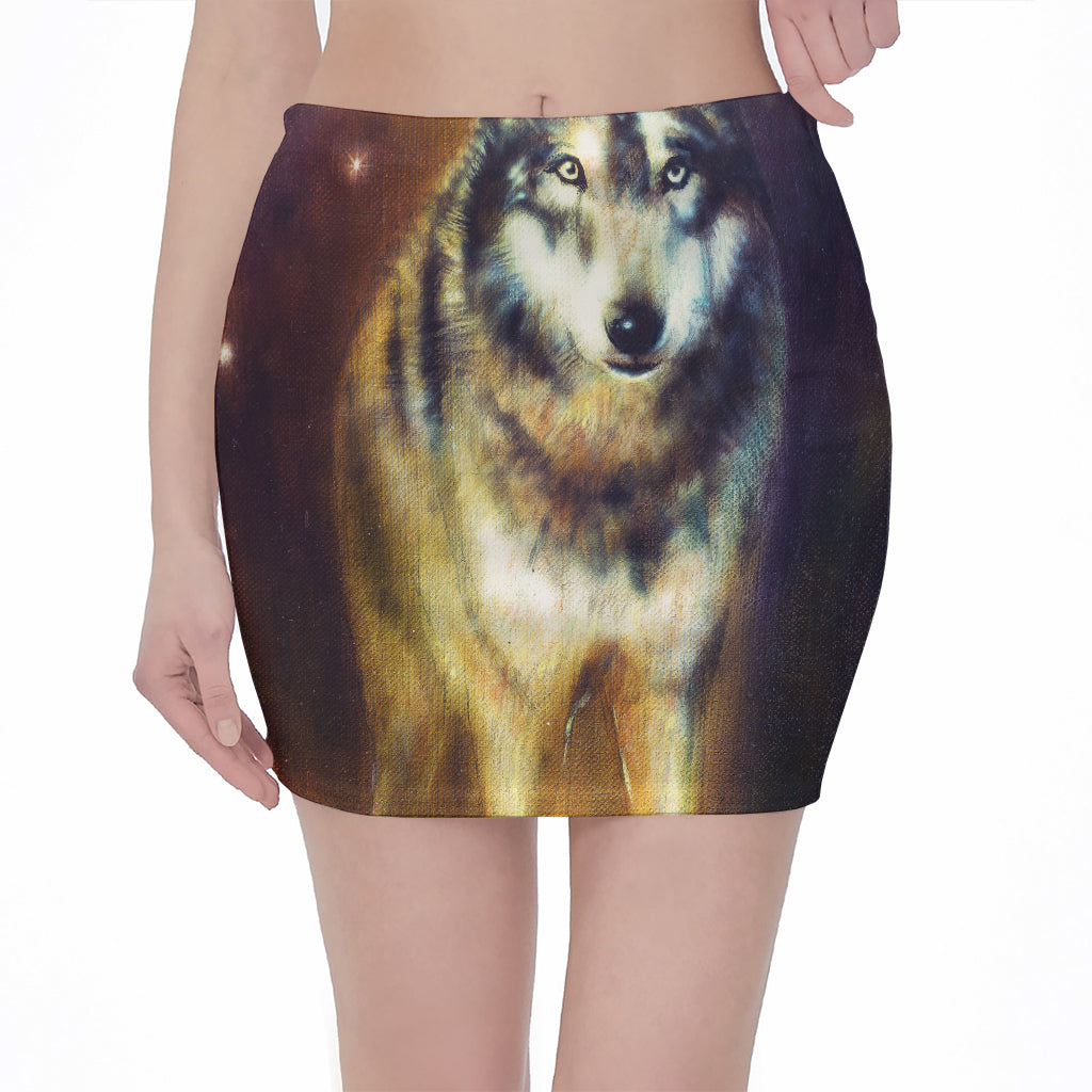 Cosmic Wolf Portrait Print Pencil Mini Skirt