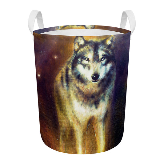 Cosmic Wolf Portrait Print Round Laundry Basket