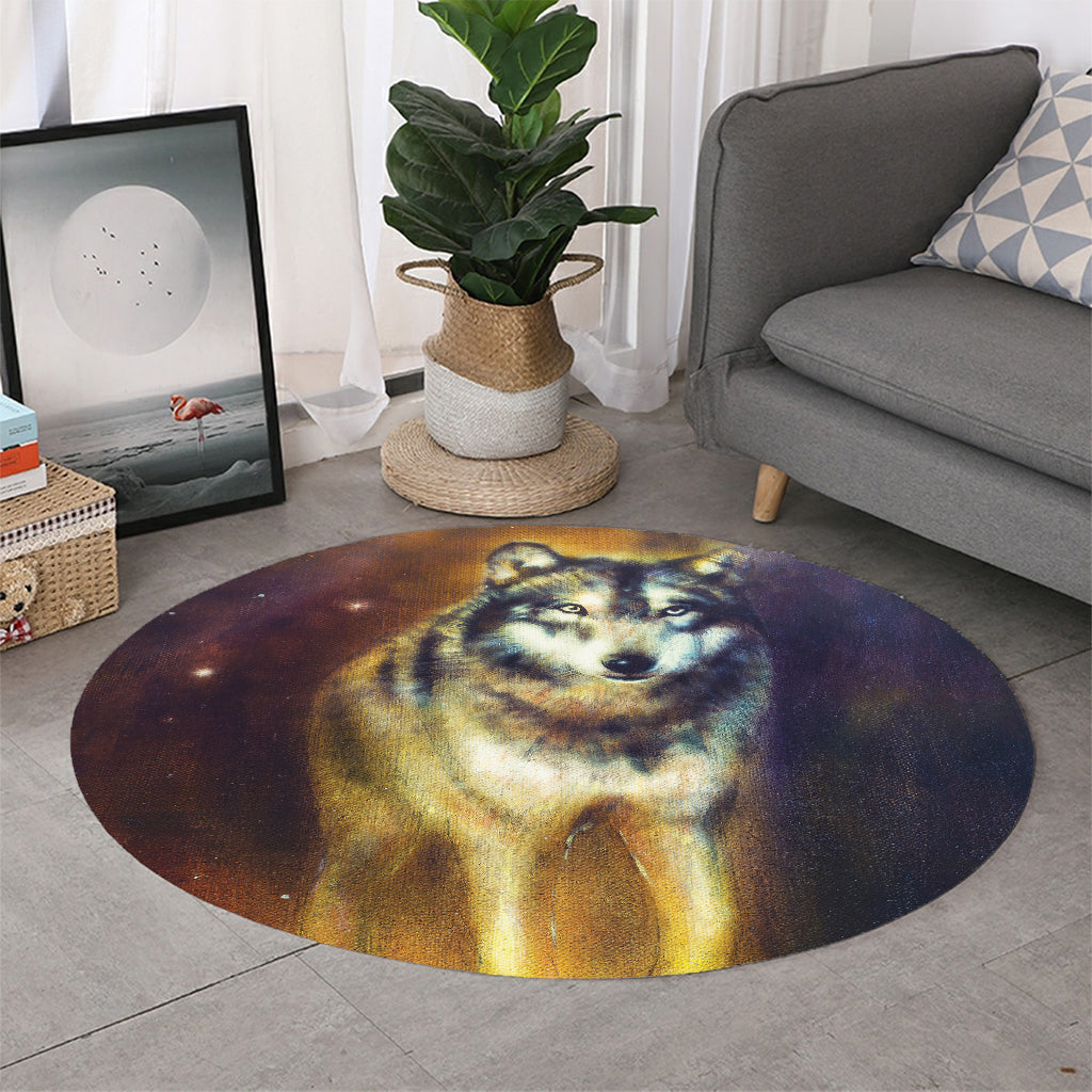 Cosmic Wolf Portrait Print Round Rug