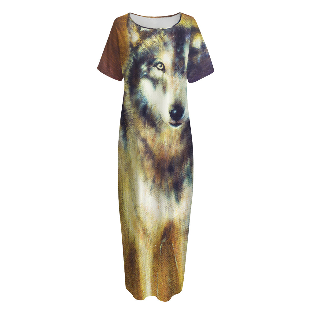 Cosmic Wolf Portrait Print Short Sleeve Long Nightdress