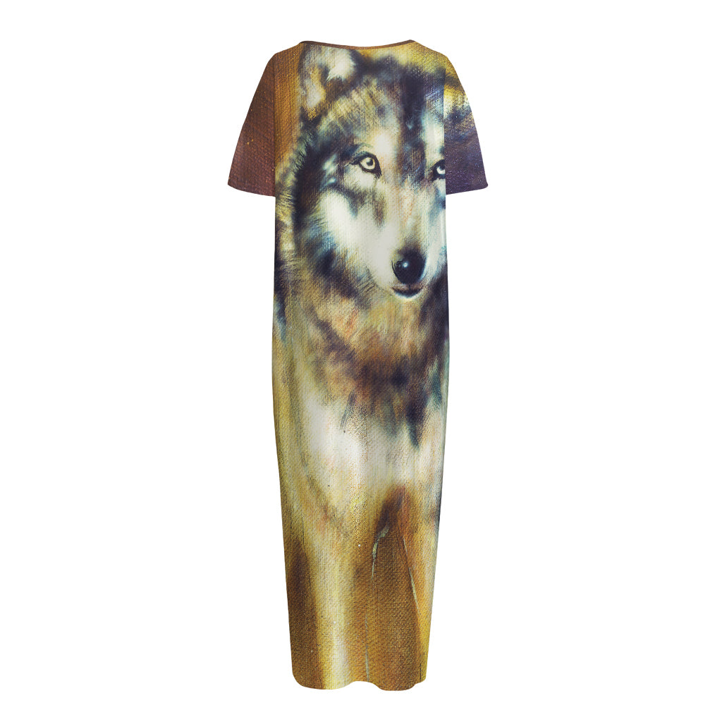 Cosmic Wolf Portrait Print Short Sleeve Long Nightdress