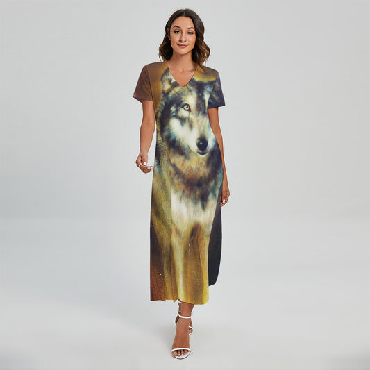 Cosmic Wolf Portrait Print Short Sleeve Maxi Dress