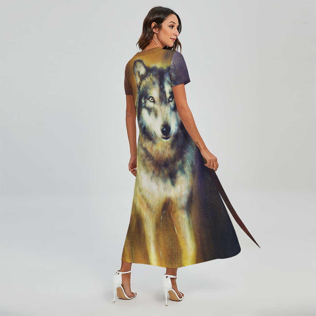 Cosmic Wolf Portrait Print Short Sleeve Maxi Dress