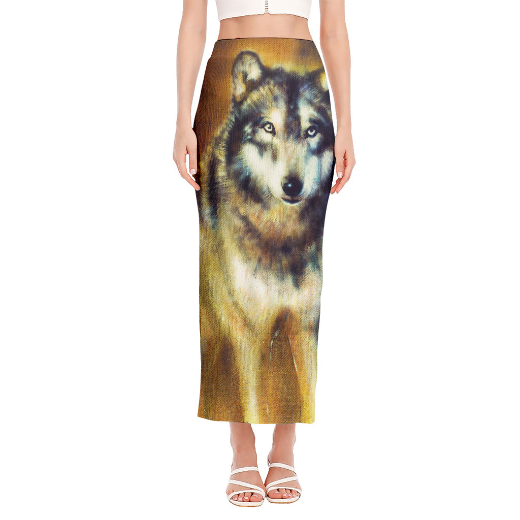 Cosmic Wolf Portrait Print Side Slit Maxi Skirt